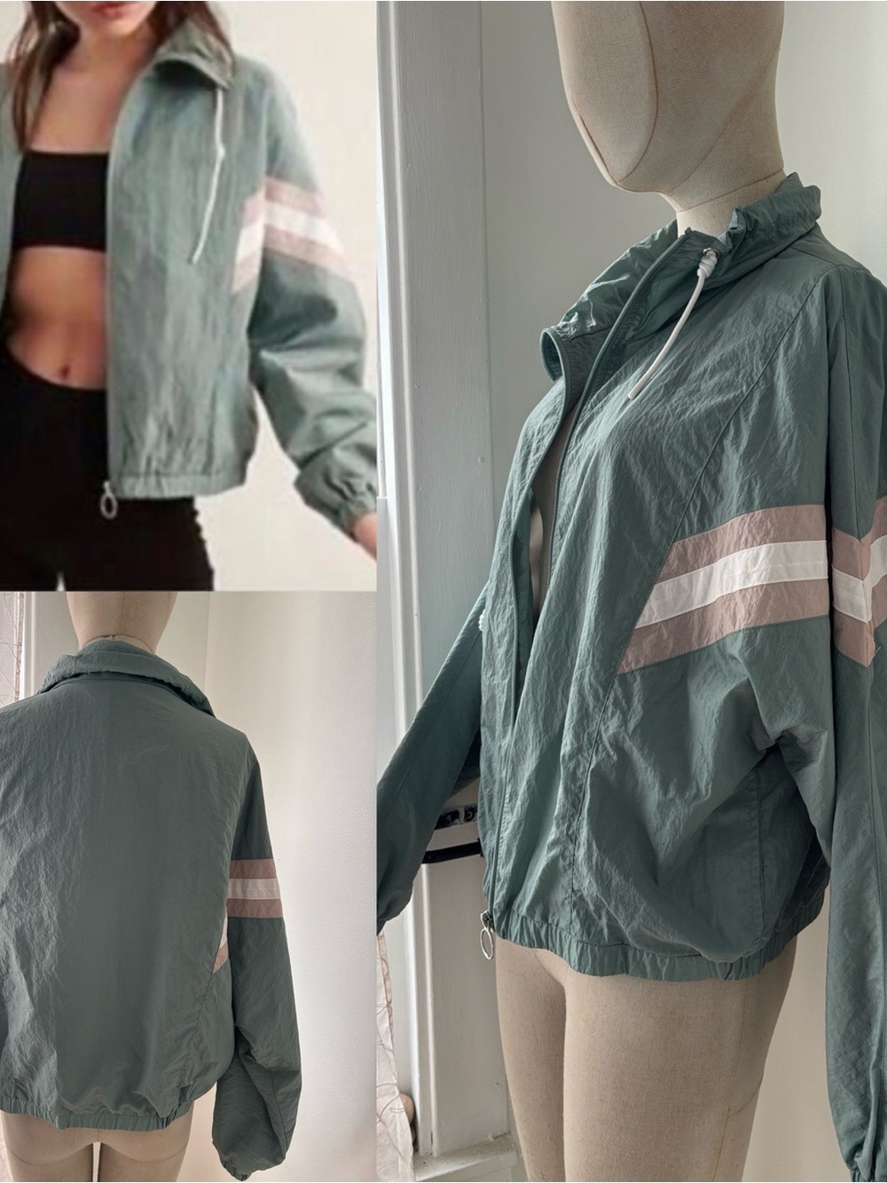 Garage Sage Bomber Jacket with Pink and White Sleeve Stripes